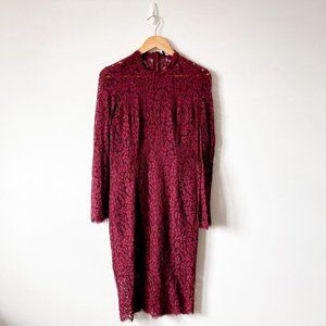 Bardot Floral Lace Long Split Sleeve Dress Red Sz L/10